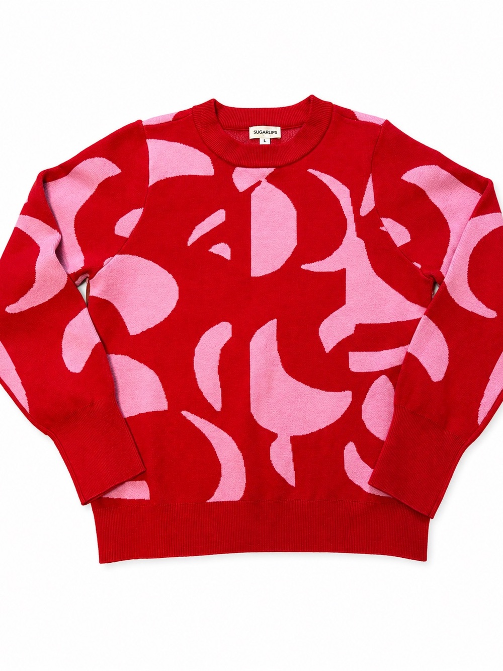 Sugarlips Women’s Small Red Pink Abstract Geometric Knit Crewneck Sweater